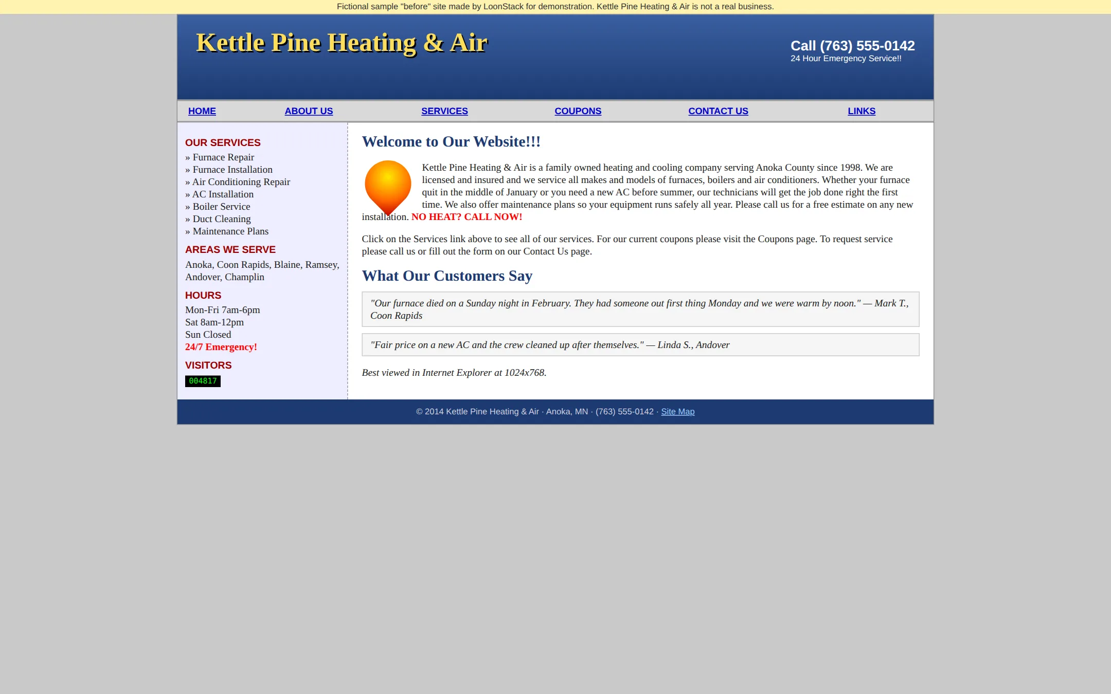Before: an outdated homepage on a laptop